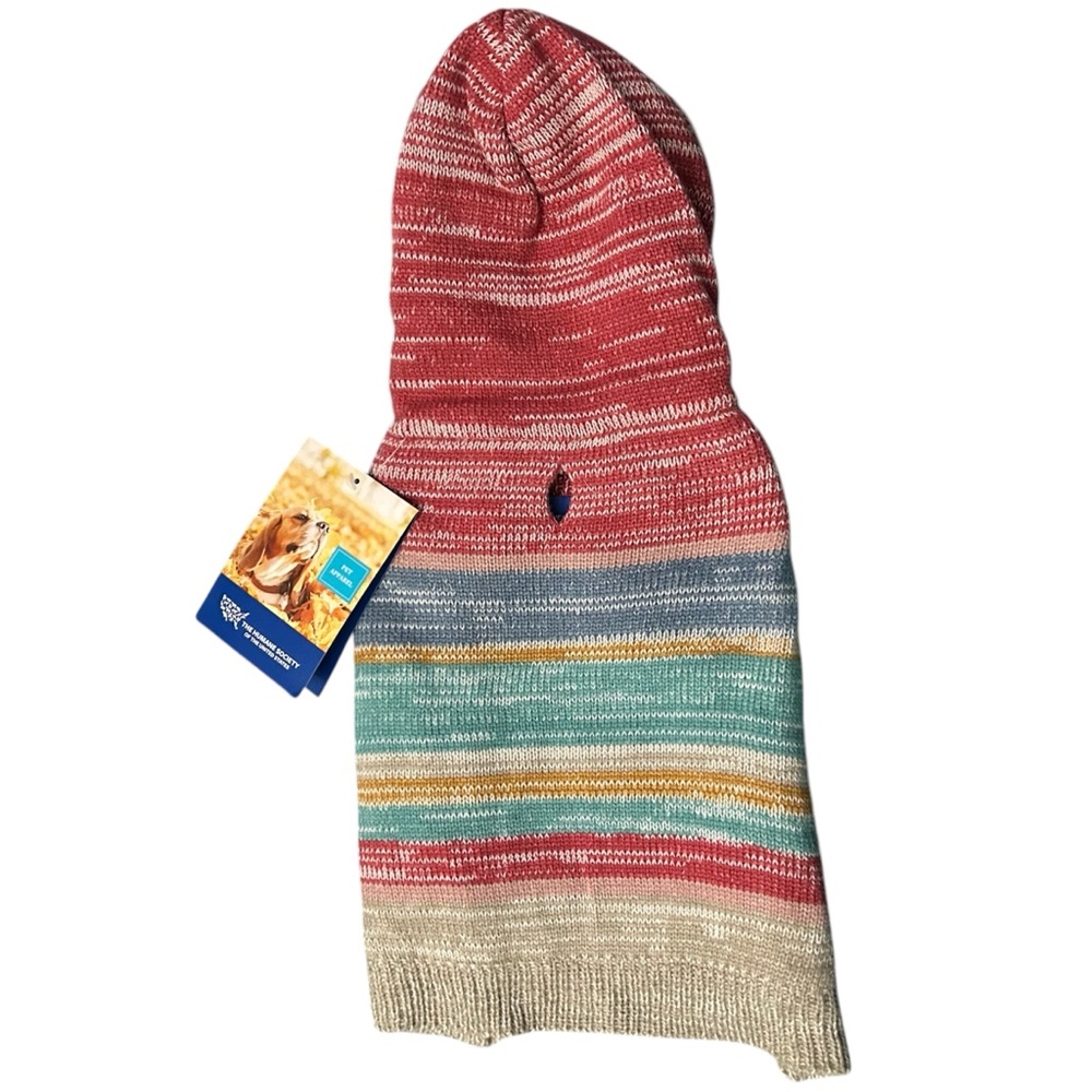 NWT Humane Society Red Blue Multicolor Striped Sherpa Lined Dog Hooded Sweater